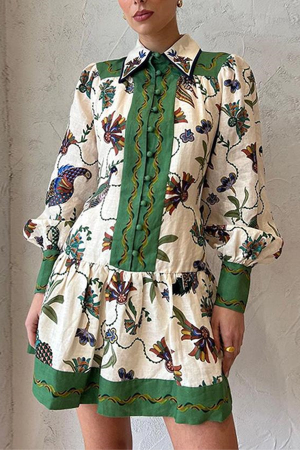 Lauren - Celebrate Everyday Unique Print Color Match Balloon Sleeve Shirt Mini Dress