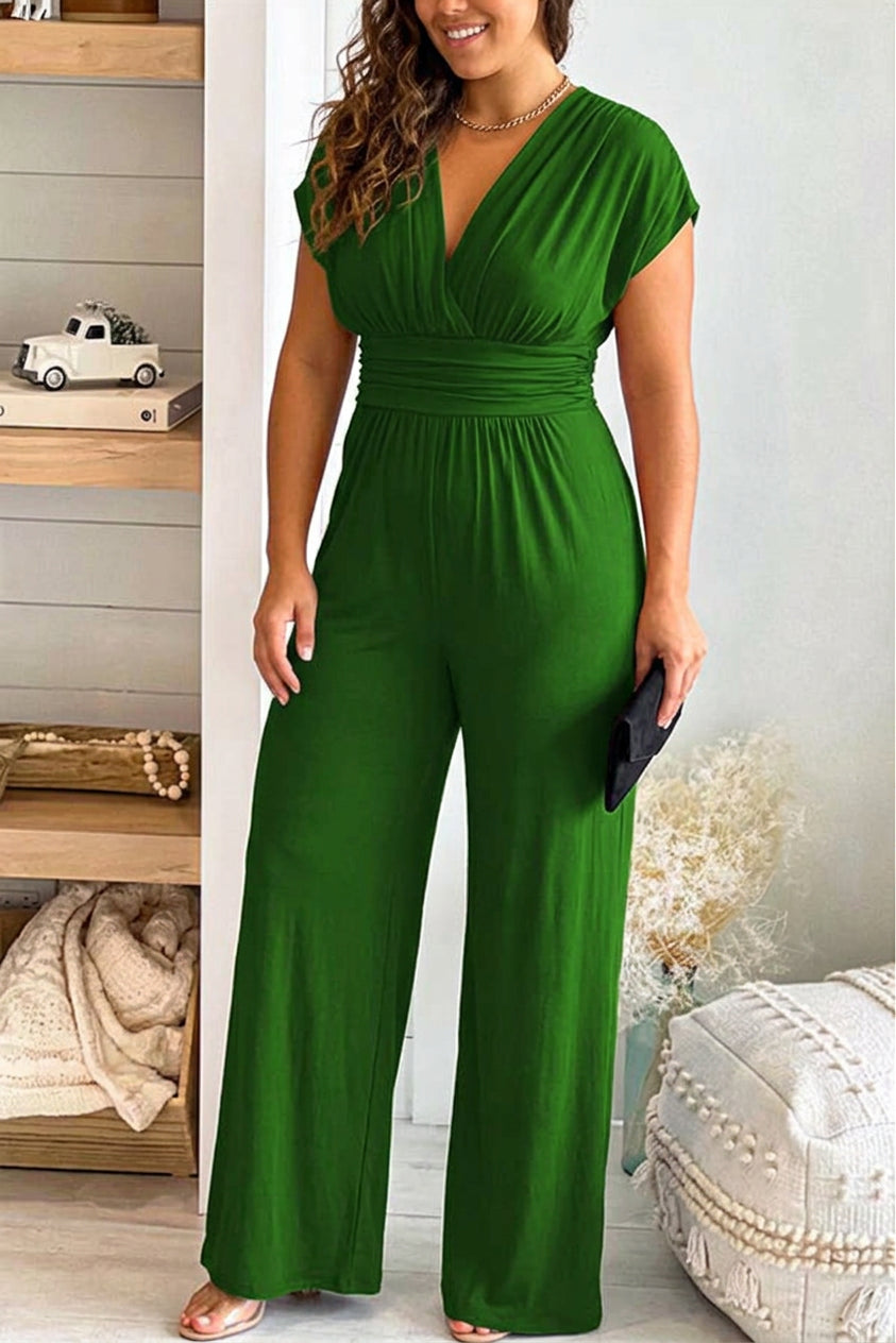 Dawson - V-neck solid slim fit Waist Wide Leg Jumpsuit - Plus size model