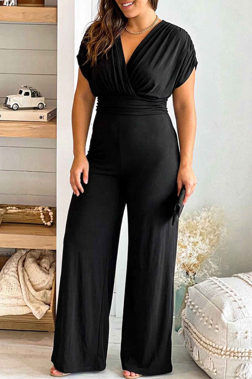 Dawson - V-neck solid slim fit Waist Wide Leg Jumpsuit - Plus size model