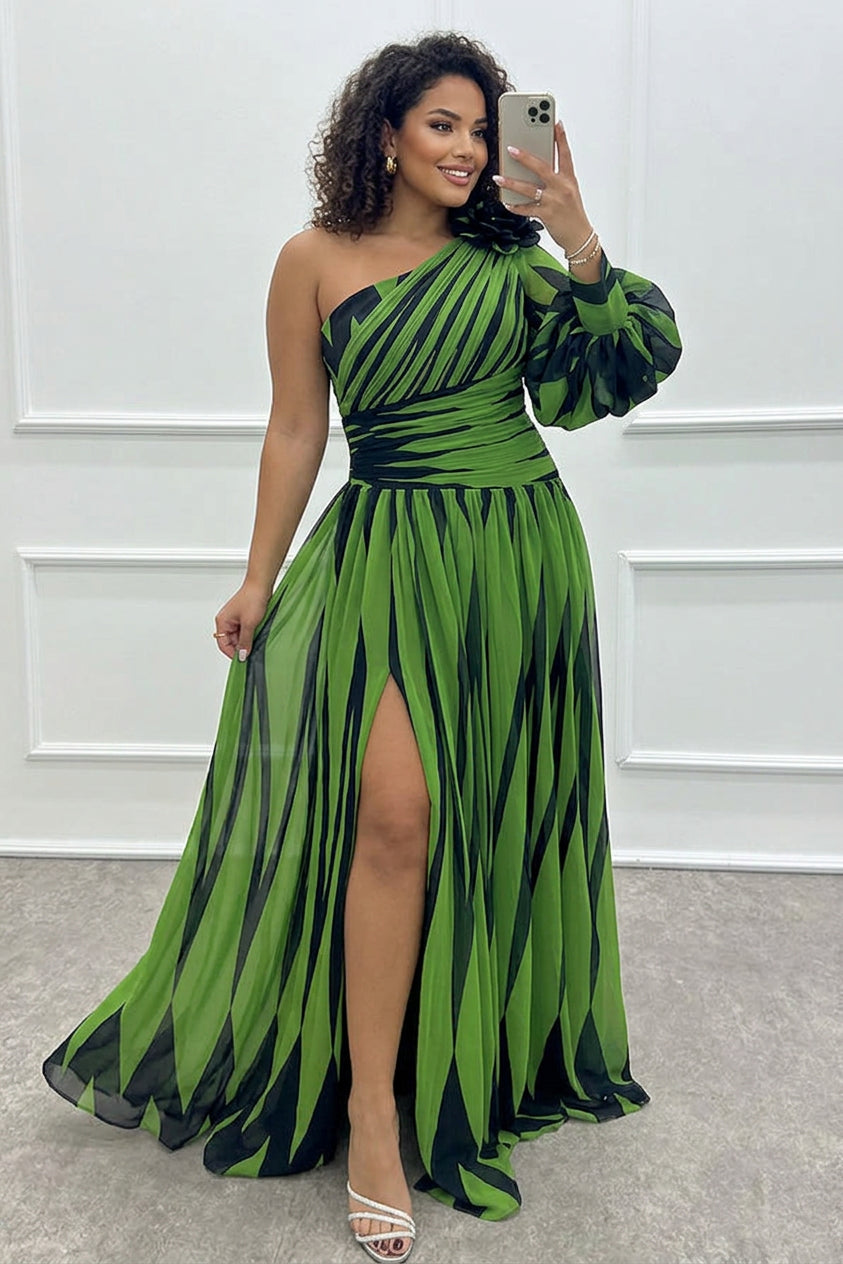 Annalise - One Shoulder Pleated Slit Maxi Dress - Plus size model