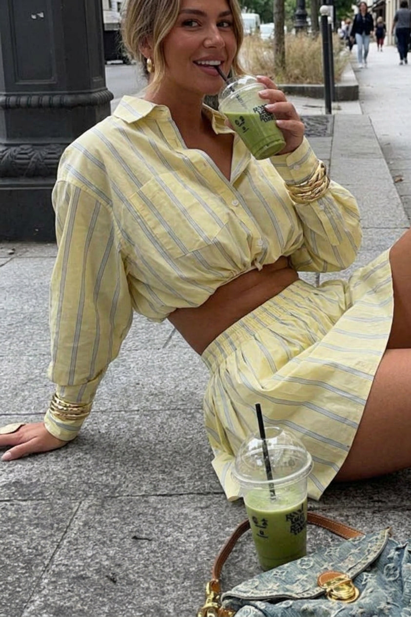 Ariella - Yellow & Blue Striped Cropped Shirt + High-Waisted A-Line Skirt Set - Plus size model