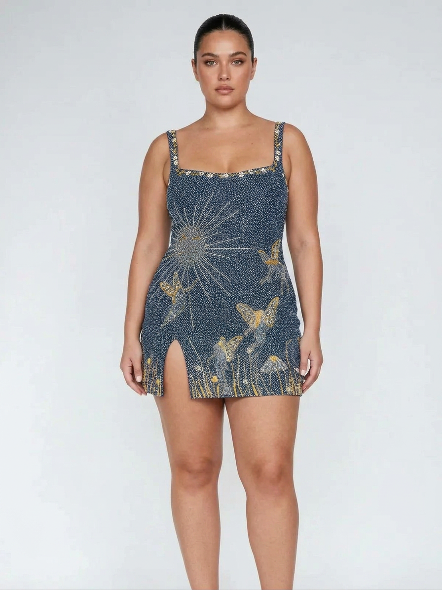 Celeste – Midnight Blue Beaded Mini Dress - Plus size model