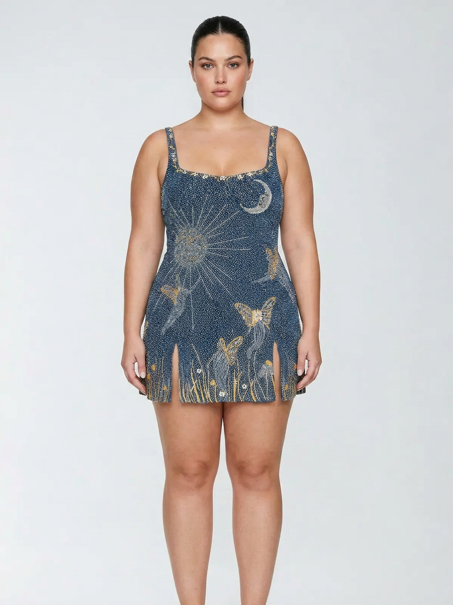 Celeste – Midnight Blue Beaded Mini Dress - Plus size model
