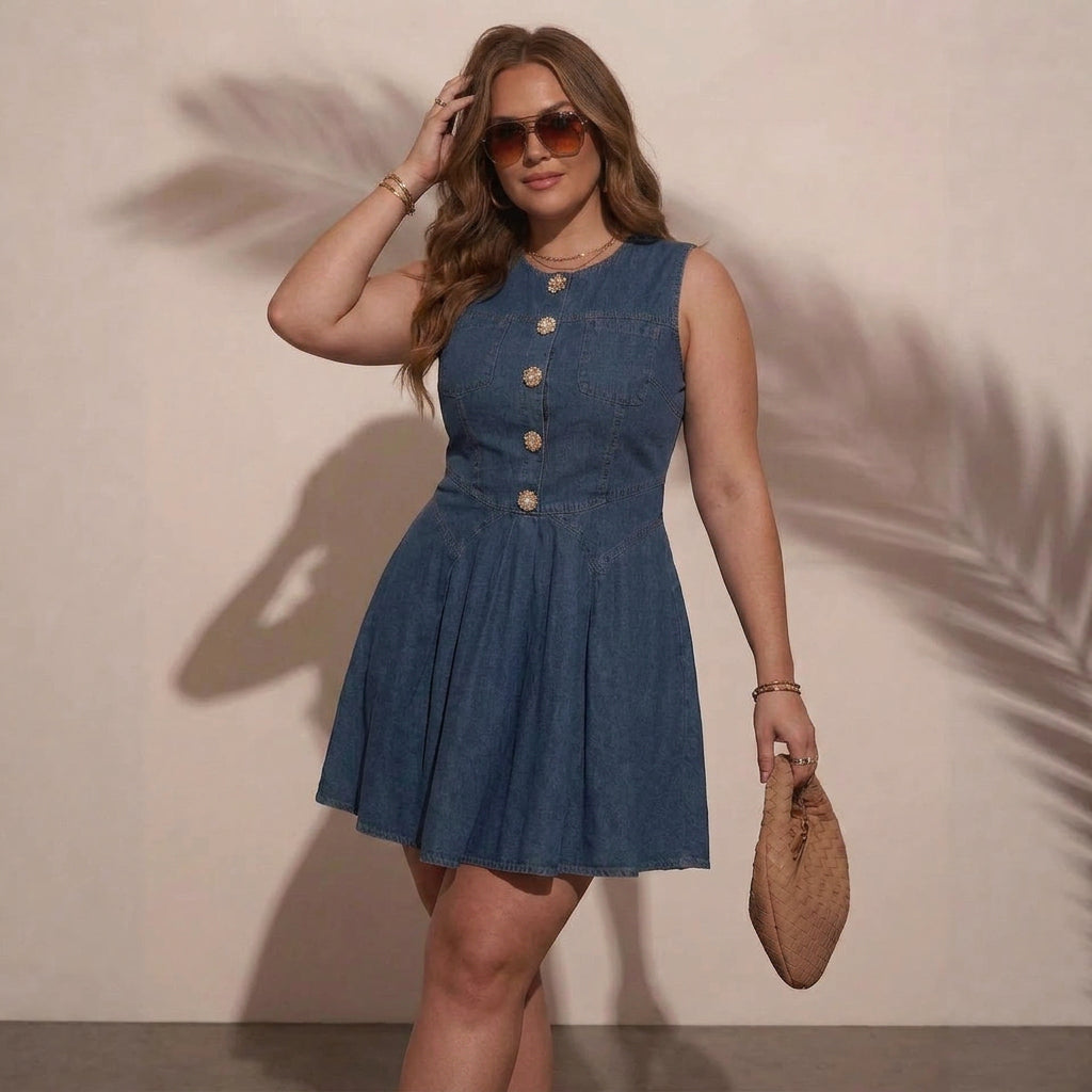 Mary Sleeveless Denim Dress - Plus size model