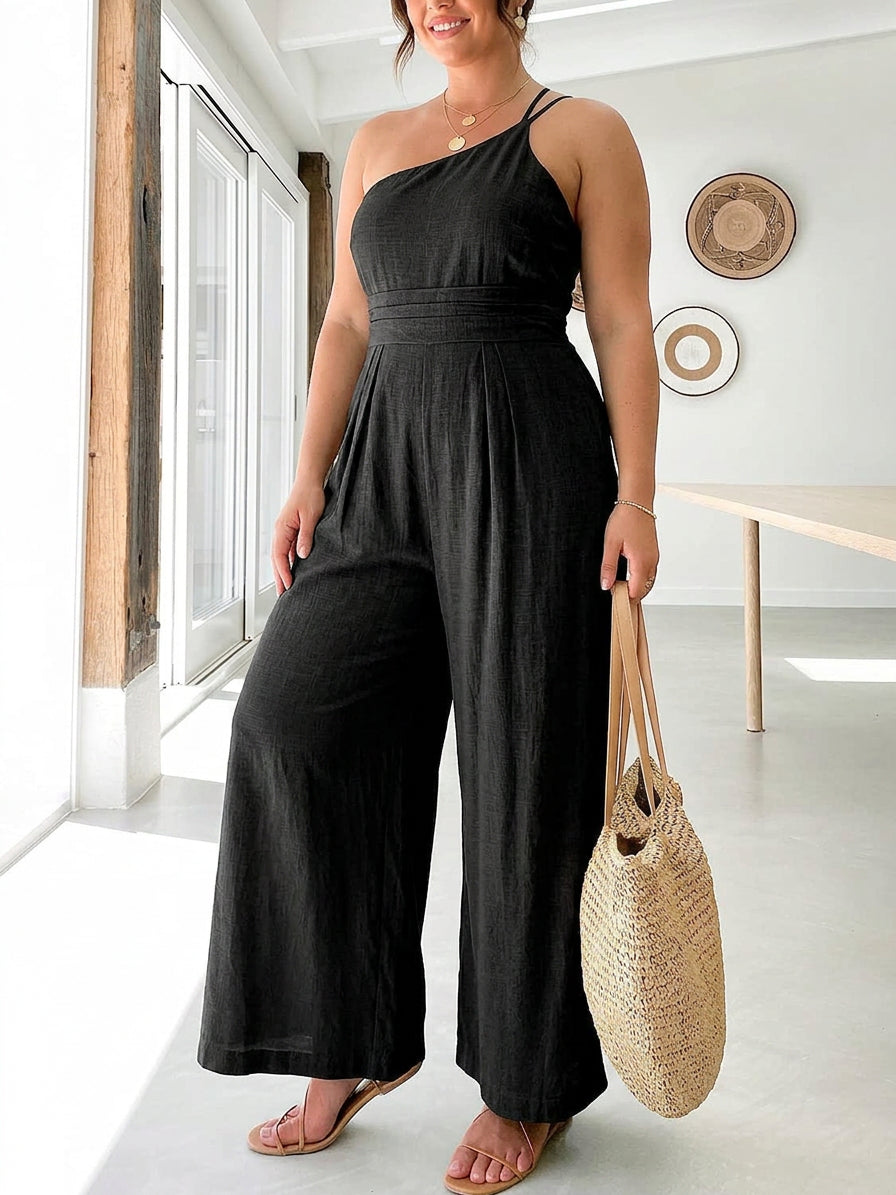 Bennett - Sexy Sling Waist Pocket Straight Sleeveless Jumpsuit - Plus size model