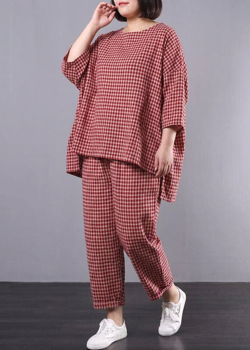 Penelope - Casual Plus Size Cotton Linen red Plaid Vintage Blouse And Pants - Plus size model