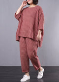 Penelope - Casual Plus Size Cotton Linen red Plaid Vintage Blouse And Pants - Plus size model