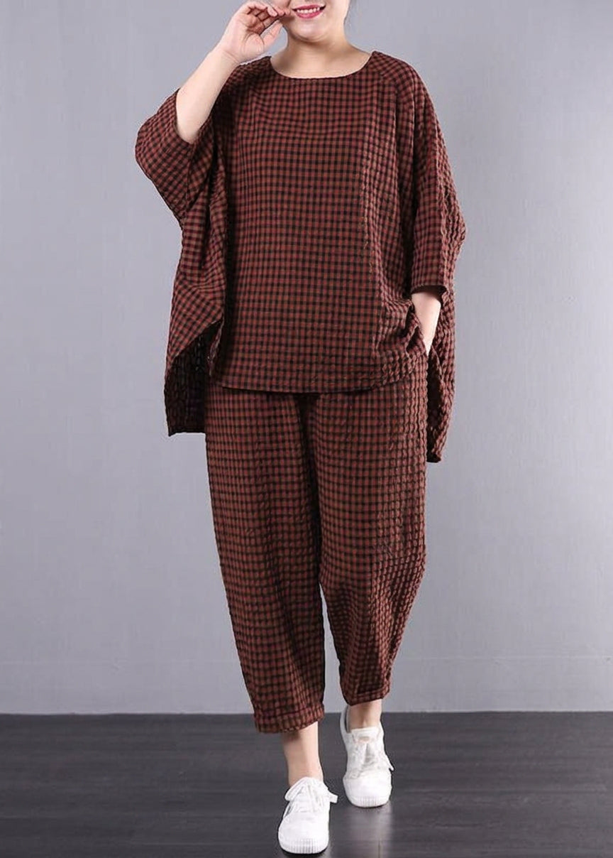 Penelope - Casual Plus Size Cotton Linen red Plaid Vintage Blouse And Pants - Plus size model