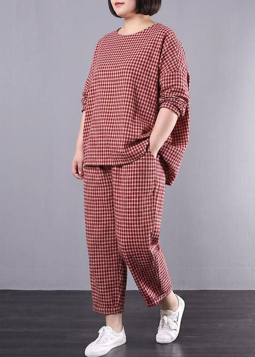 Penelope - Casual Plus Size Cotton Linen red Plaid Vintage Blouse And Pants - Plus size model