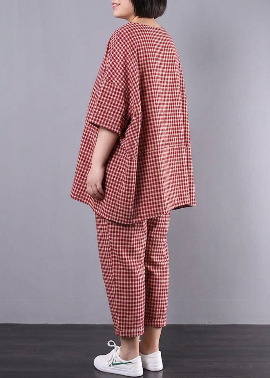 Penelope - Casual Plus Size Cotton Linen red Plaid Vintage Blouse And Pants - Plus size model