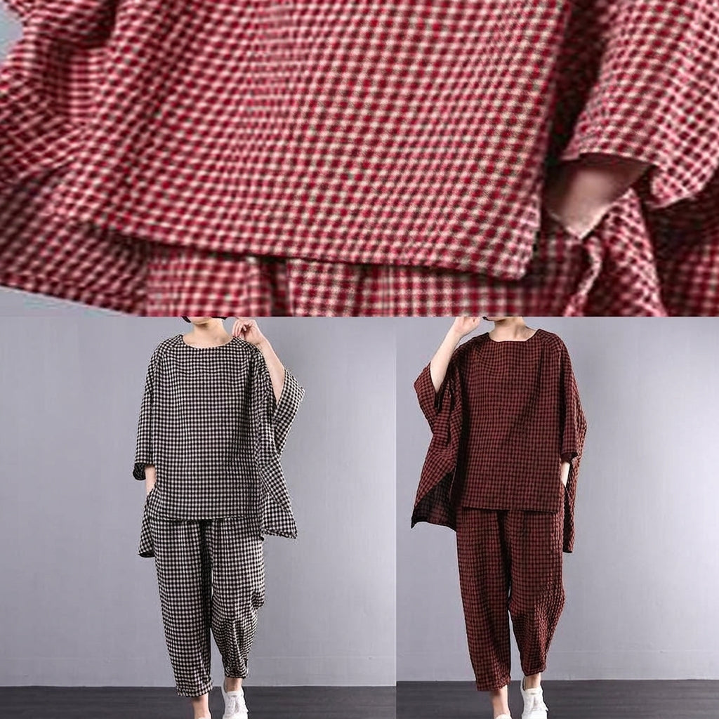 Penelope - Casual Plus Size Cotton Linen red Plaid Vintage Blouse And Pants - Plus size model