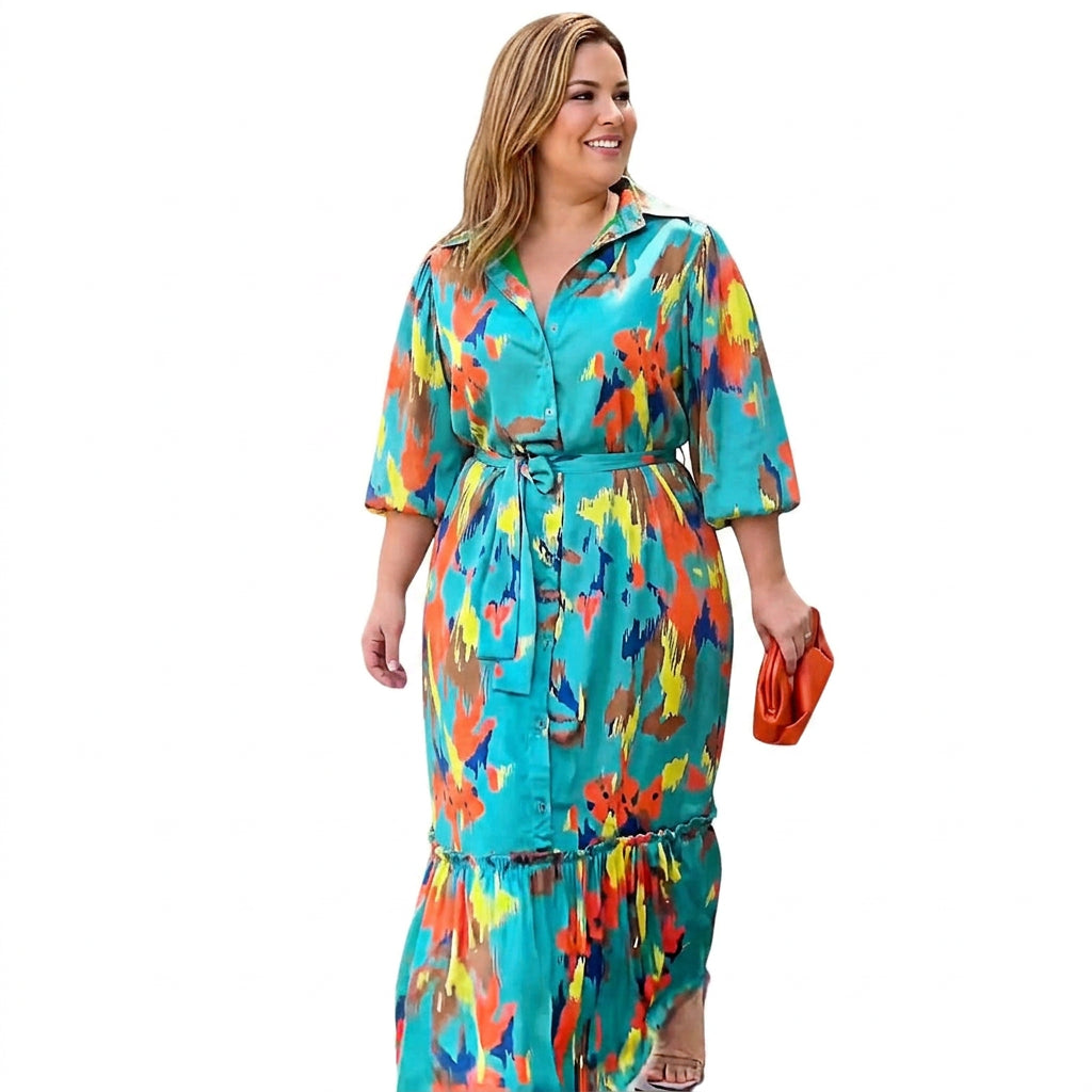 Evelyn Printing Lapel Maxi Dress: Elegant Vintage Flow - Plus size model