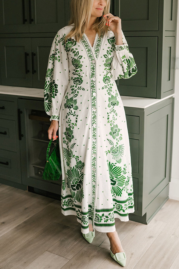 Angela - Unique Print Button Down Long Sleeve Shirt Maxi Dress