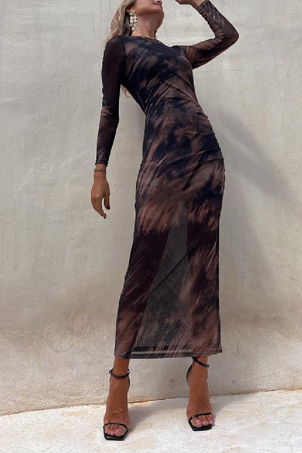 Jasmine - Charm Lady Mesh Overlay Tie Dye Print Long Sleeve Ruched Stretch Midi Dress