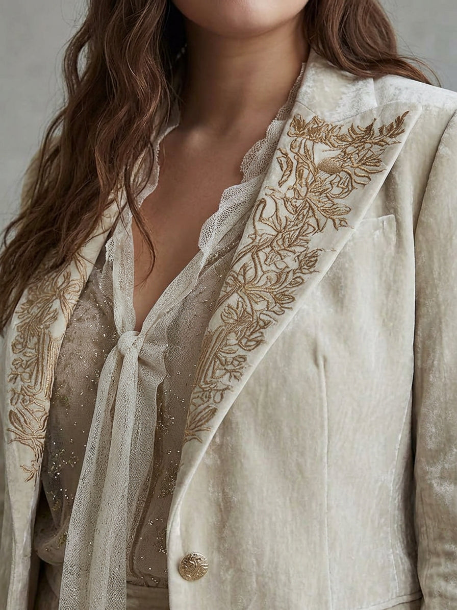 Women’s Ivory Embroidered Tailored Blazer - Plus size model