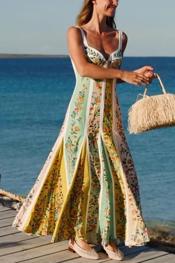Andrea - Sweet Garden Linen Blend Color Block Floral Paneled Maxi Dress
