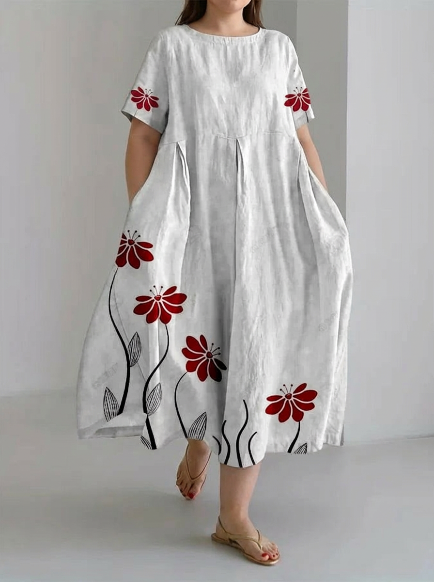 Women's Retro Botanical Floral Design Printed Casual Loose Dress - Plus size model