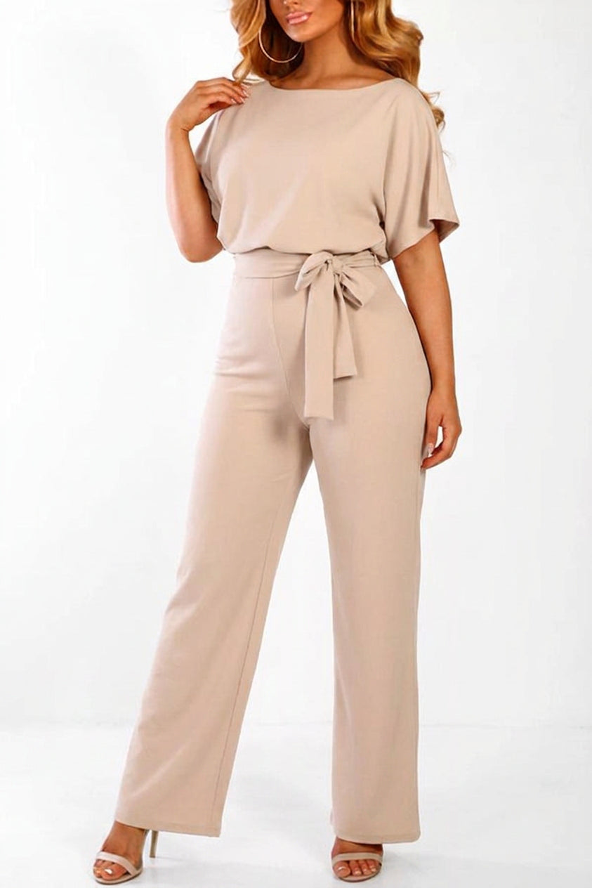 Delaney - Summer button tie short sleeved Jumpsuit - Plus size model