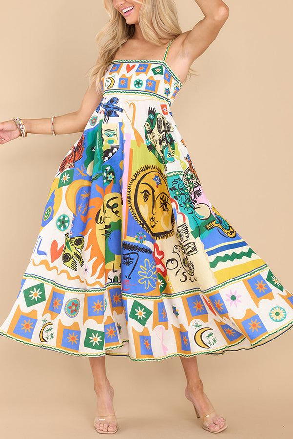Kaitlyn - Joyful Glow Goddess Linen Blend Unique Print Pocketed Smocked Back Midi Dress