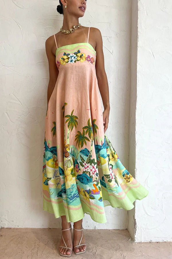 Brooke - Coconut Scenery Linen Blend Tropical Print Smocked Back Midi Dress