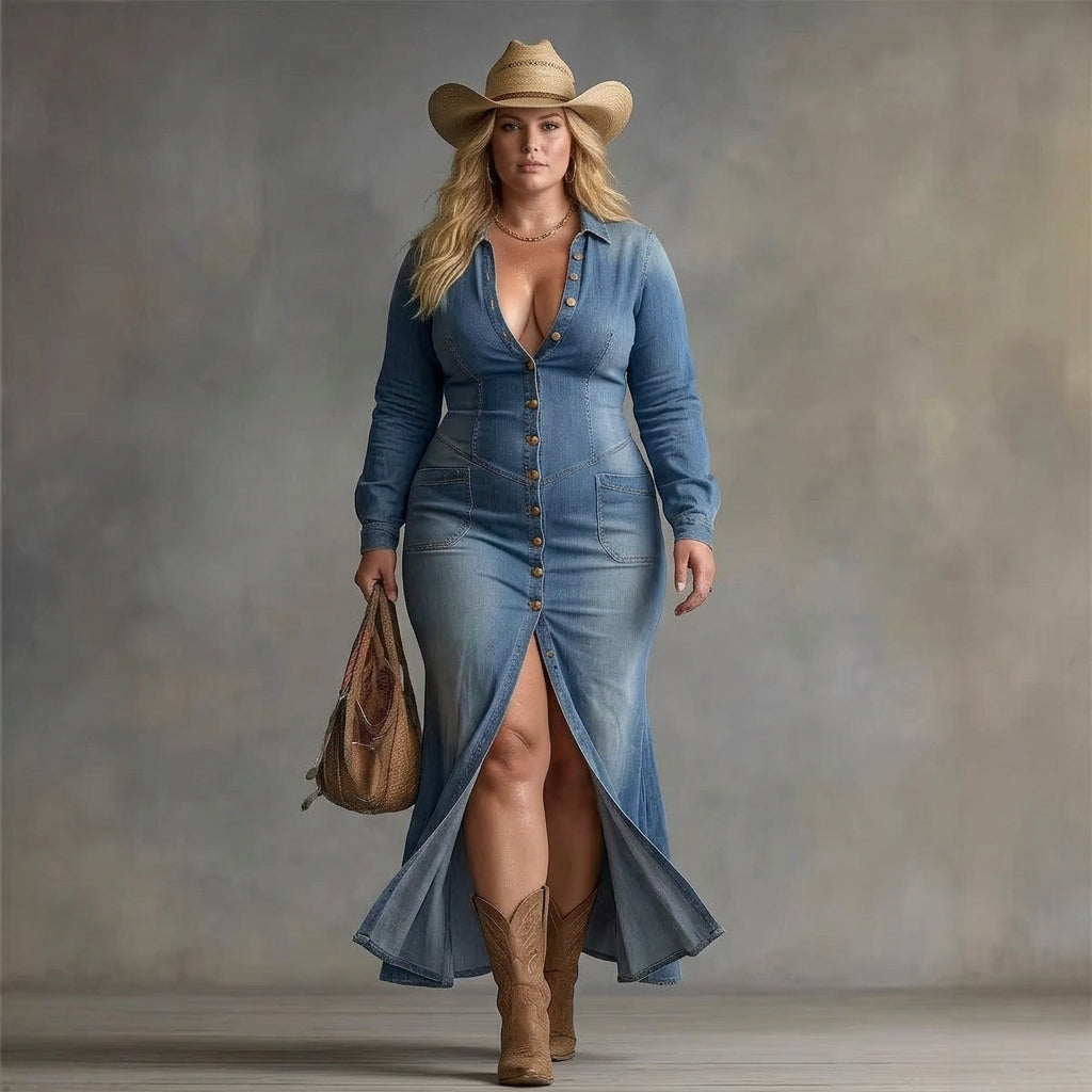 Paisley Maxi Denim Dress - Plus size model