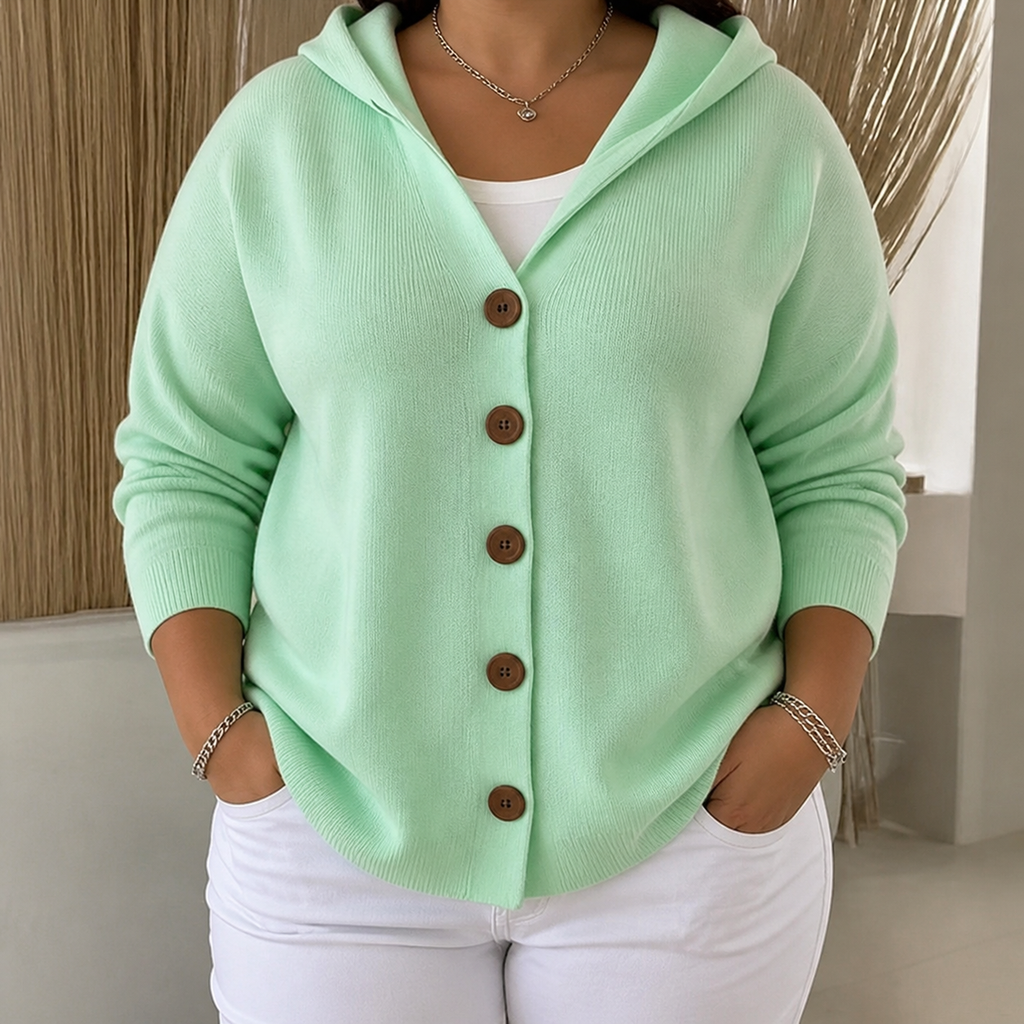 Darienne | Hooded Button-Up Knit Cardigan - Plus size model