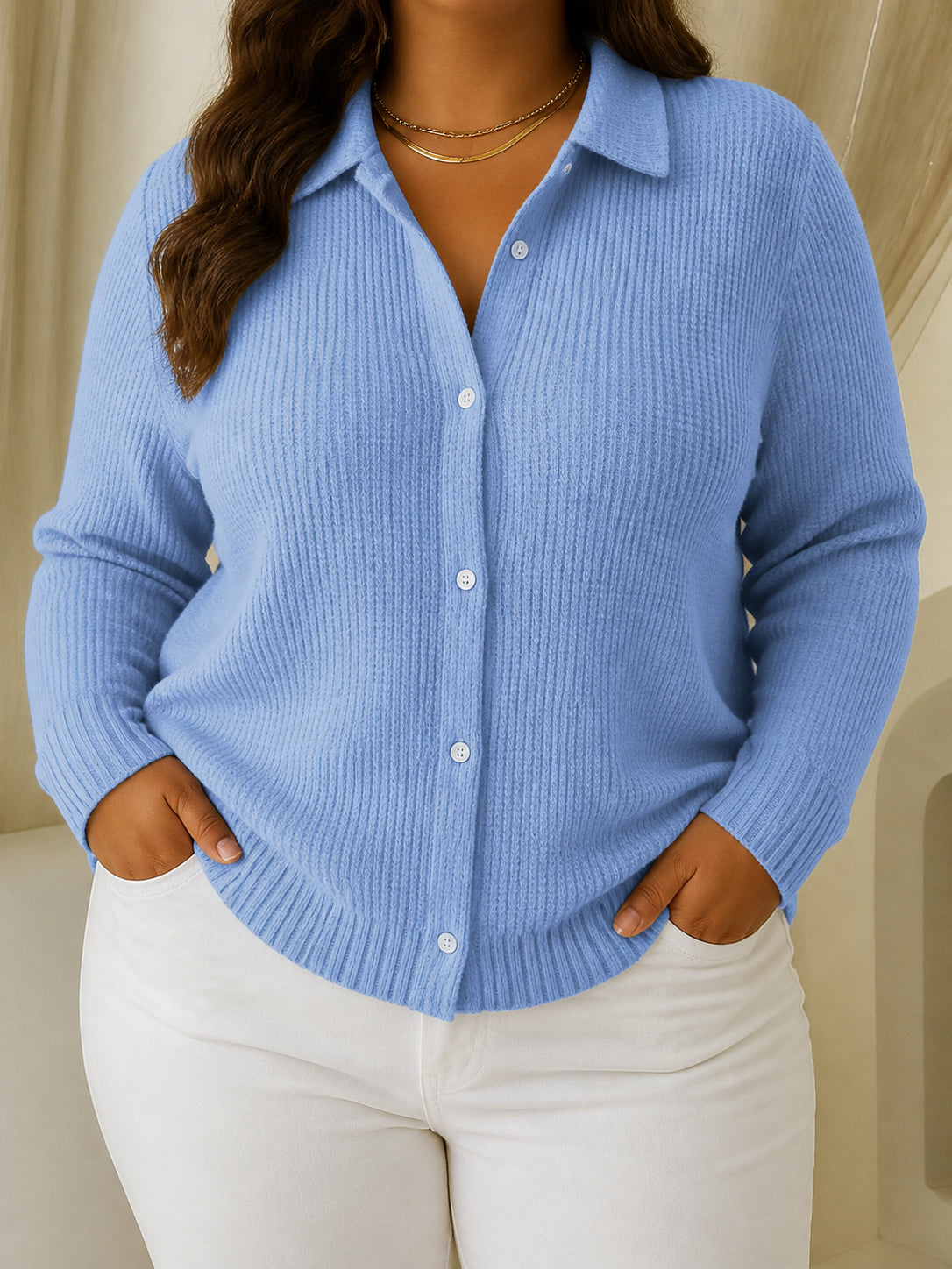 Camille | Textured Knit Button-Up Cardigan - Plus size model