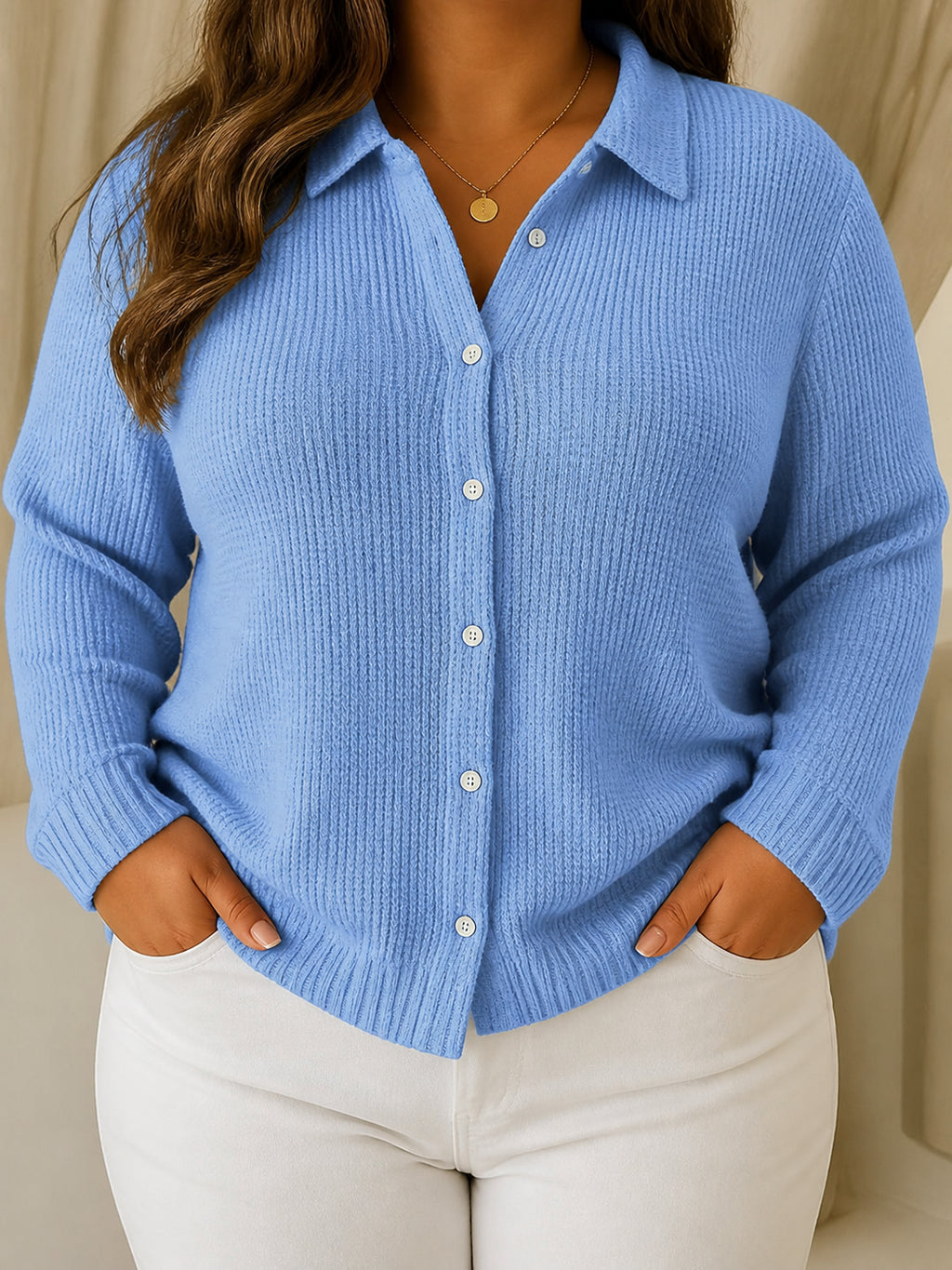 Katrina | Textured Knit Button Cardigan - Plus size model