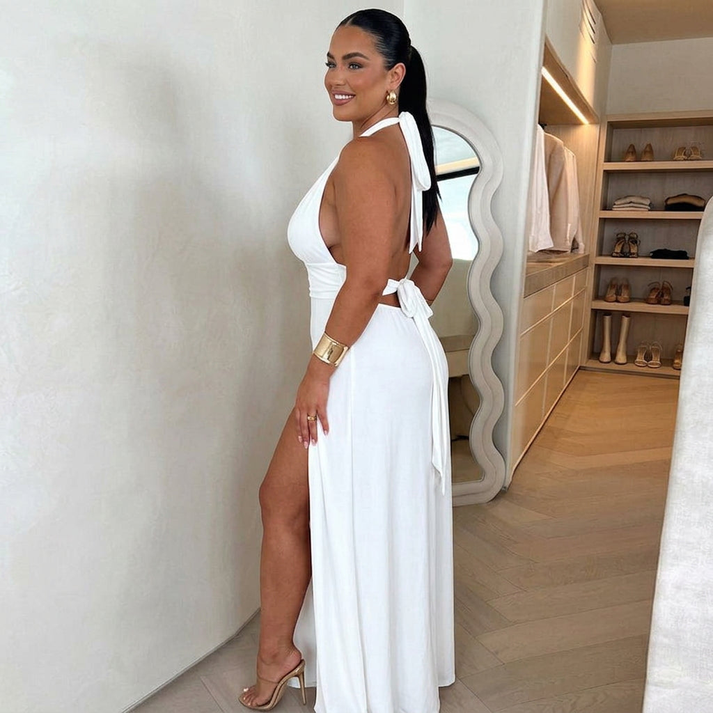 Emma | Elegant Halter Neck High-Slit Maxi Dress - Plus size model