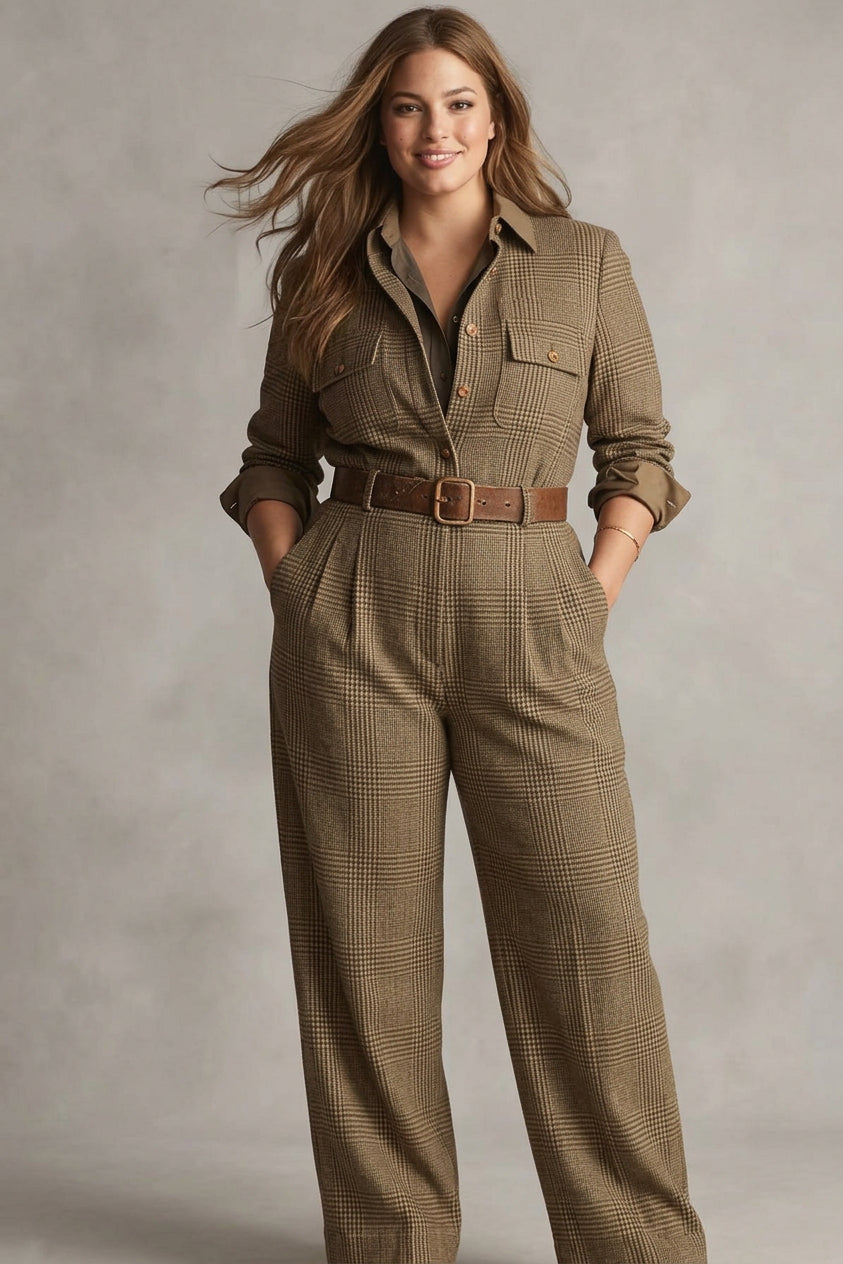 Skylar - Brown Sophisticated Tweed Texture Plaid Utility Jumpsuit - Plus size model
