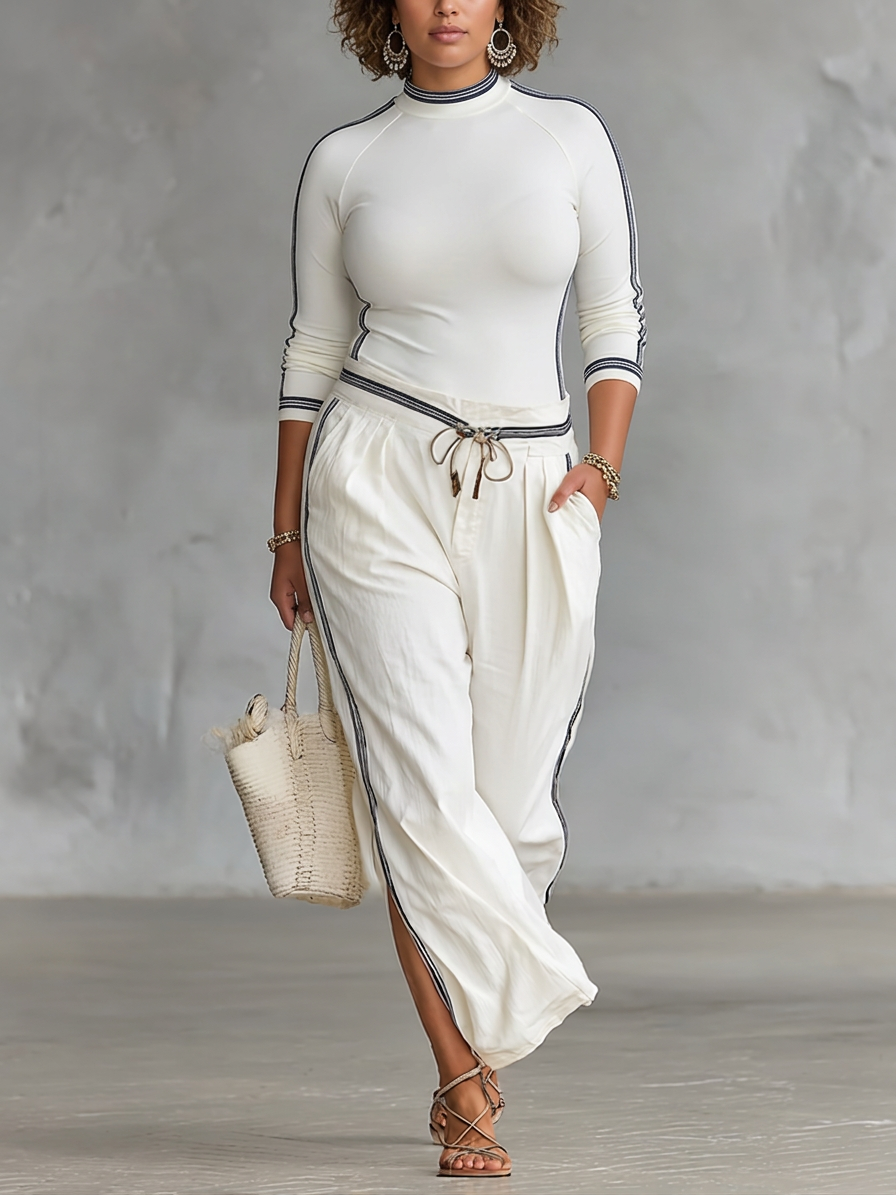 Women's Two-Piece Set: Long Sleeve Sporty T-Shirt with High Neck and Loose Pants with Drawstring - Plus size model