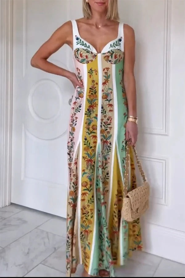 Andrea - Sweet Garden Linen Blend Color Block Floral Paneled Maxi Dress