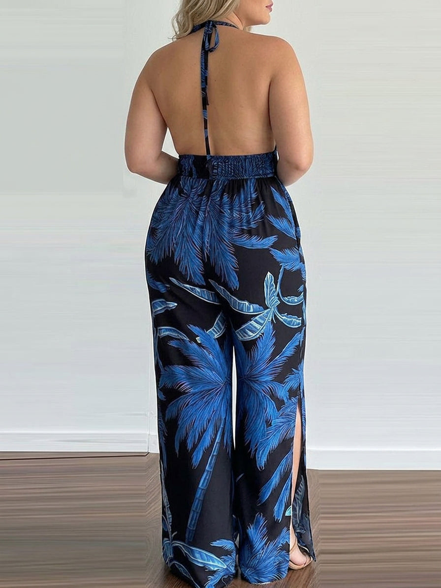 Everly - Sling Leaf Print Jumpsuit - Plus size model