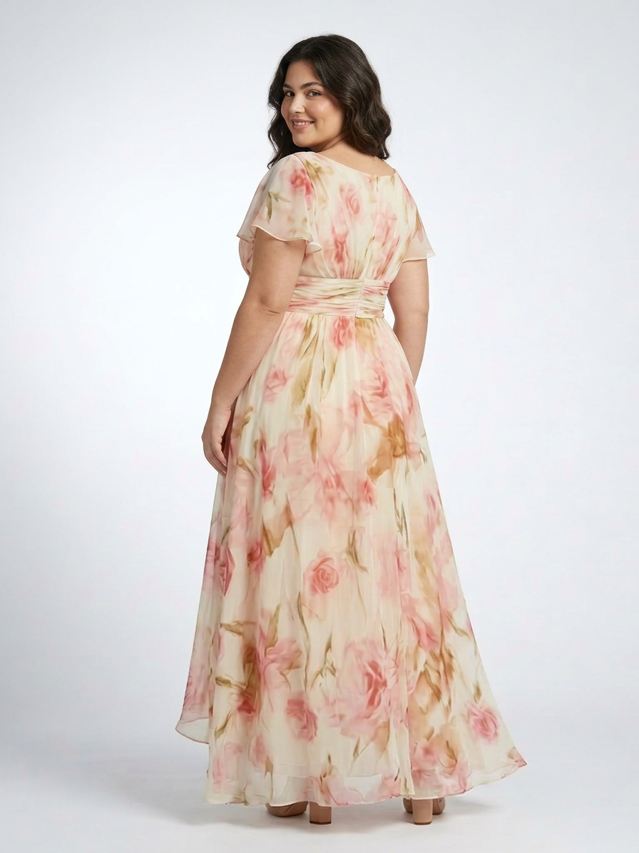 Elara | V Neck Short Sleeve Floral Maxi Dress - Plus size model
