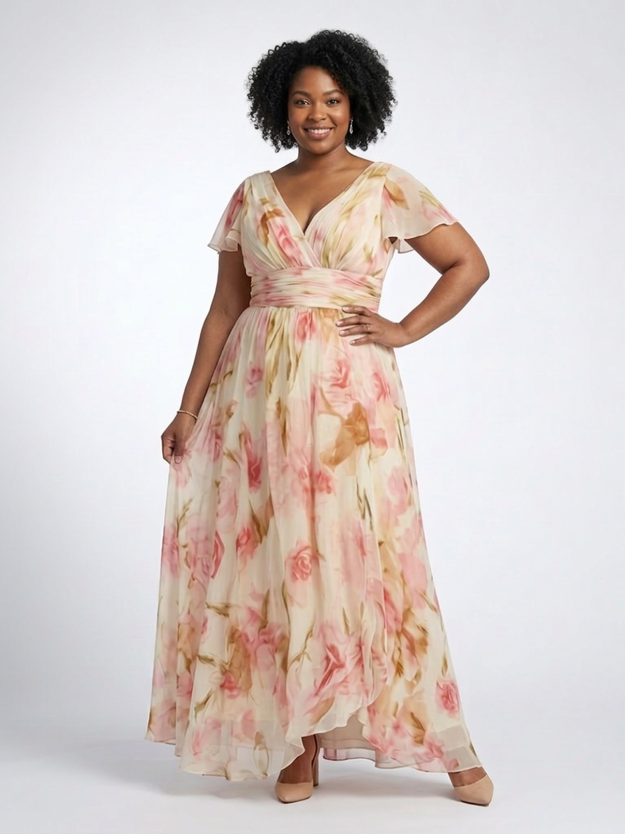 Elara | V Neck Short Sleeve Floral Maxi Dress - Plus size model