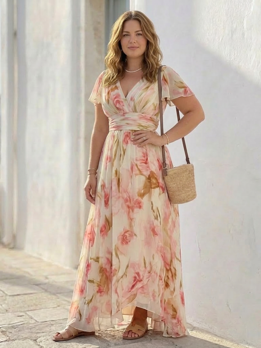 Elara | V Neck Short Sleeve Floral Maxi Dress - Plus size model