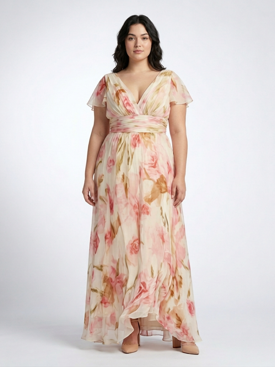 Elara | V Neck Short Sleeve Floral Maxi Dress - Plus size model