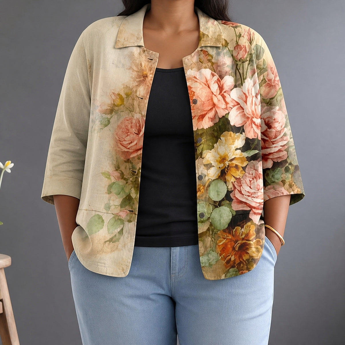 judith | Painterly Floral Relaxed Button-Up Blouse - Plus size model
