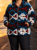 Calanthe™ | Teal Aztec Sherpa Jacket - Plus size model