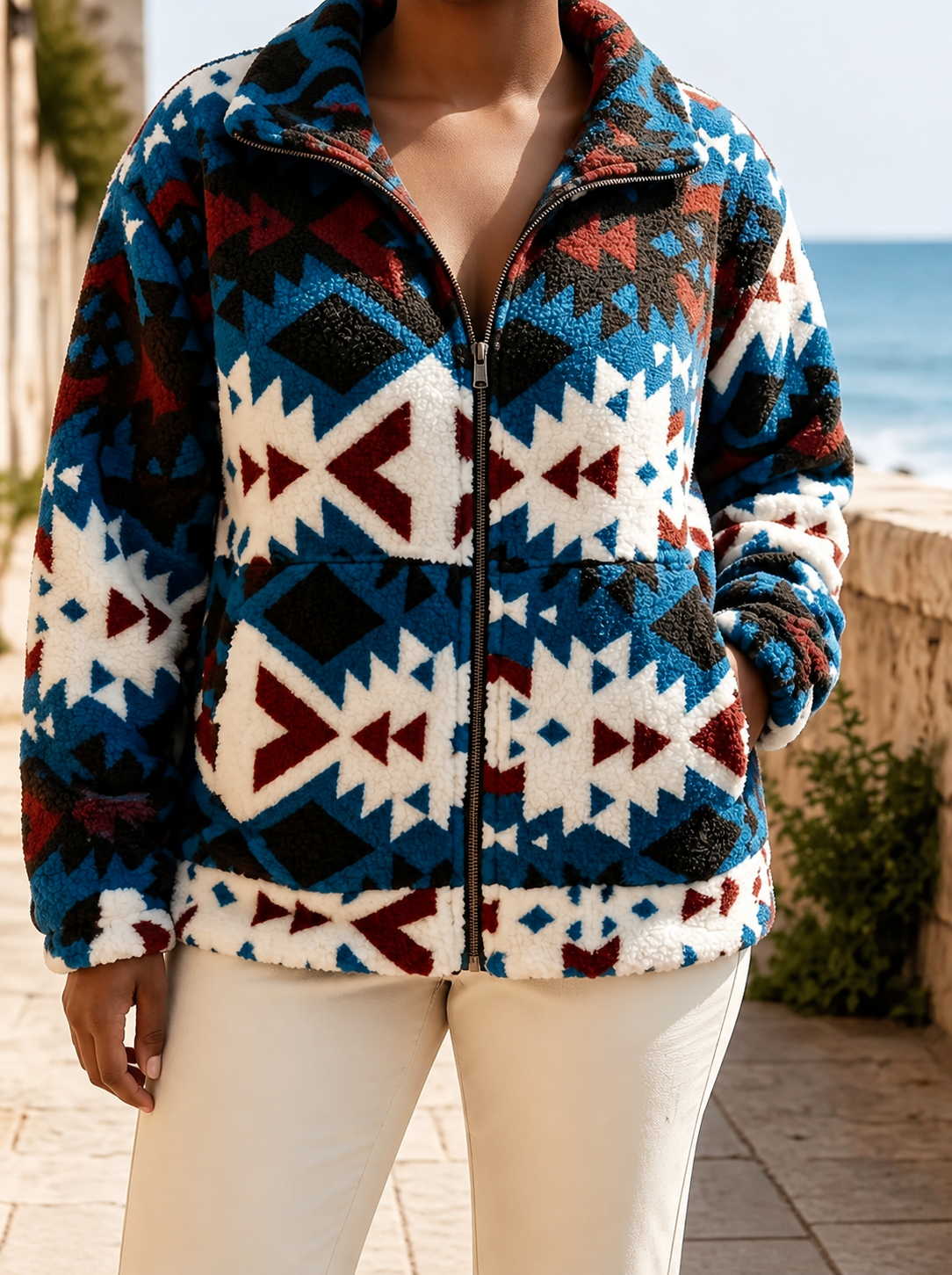Calanthe™ | Teal Aztec Sherpa Jacket - Plus size model