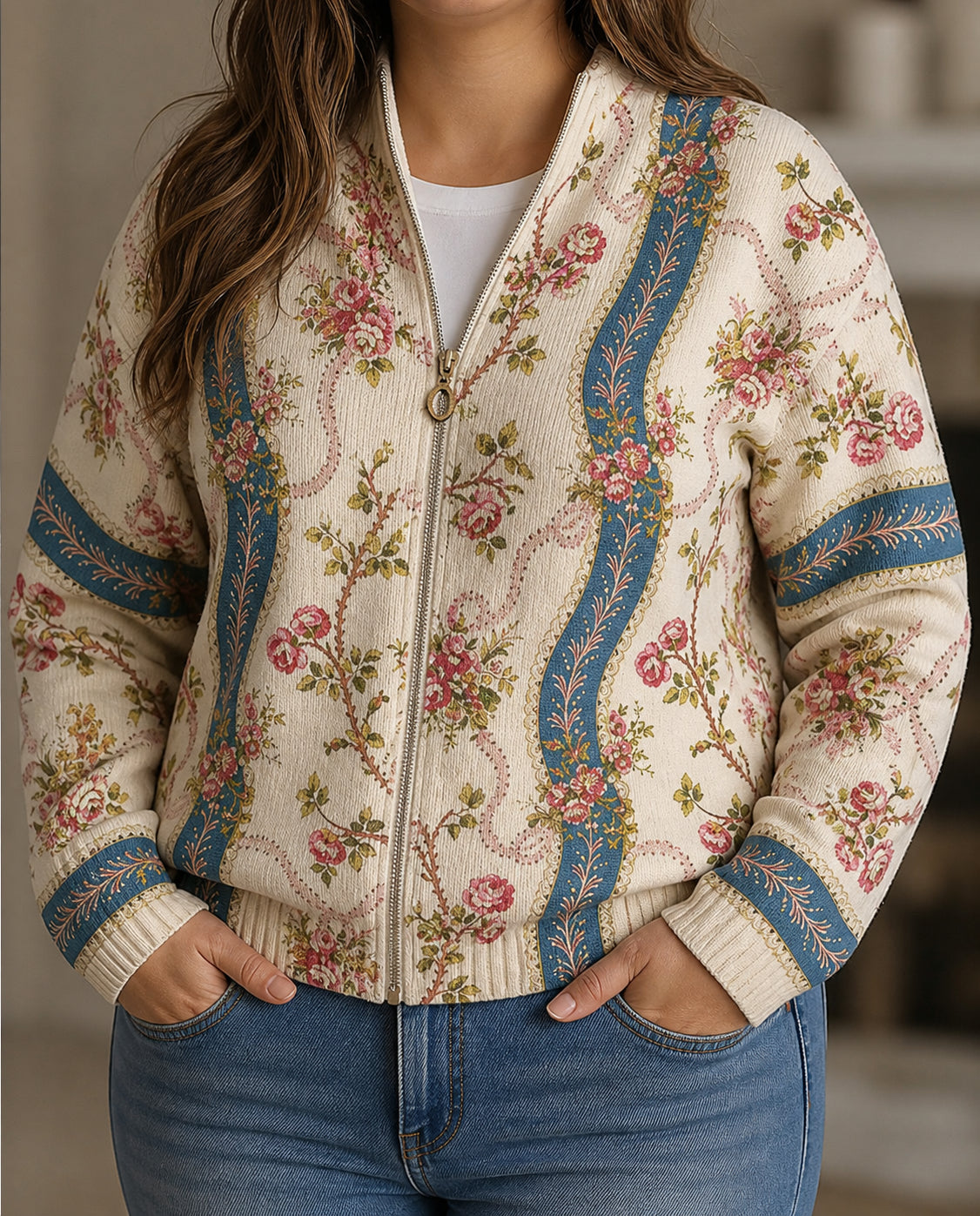 Judith | Paisley Pattern Zip Cardigan - Plus size model