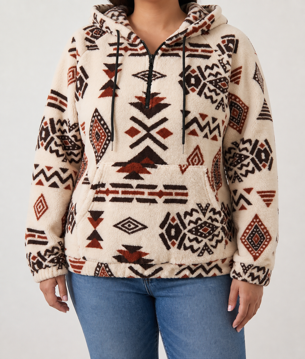 Everly™ | Aztec Plush Hoodie - Plus size model