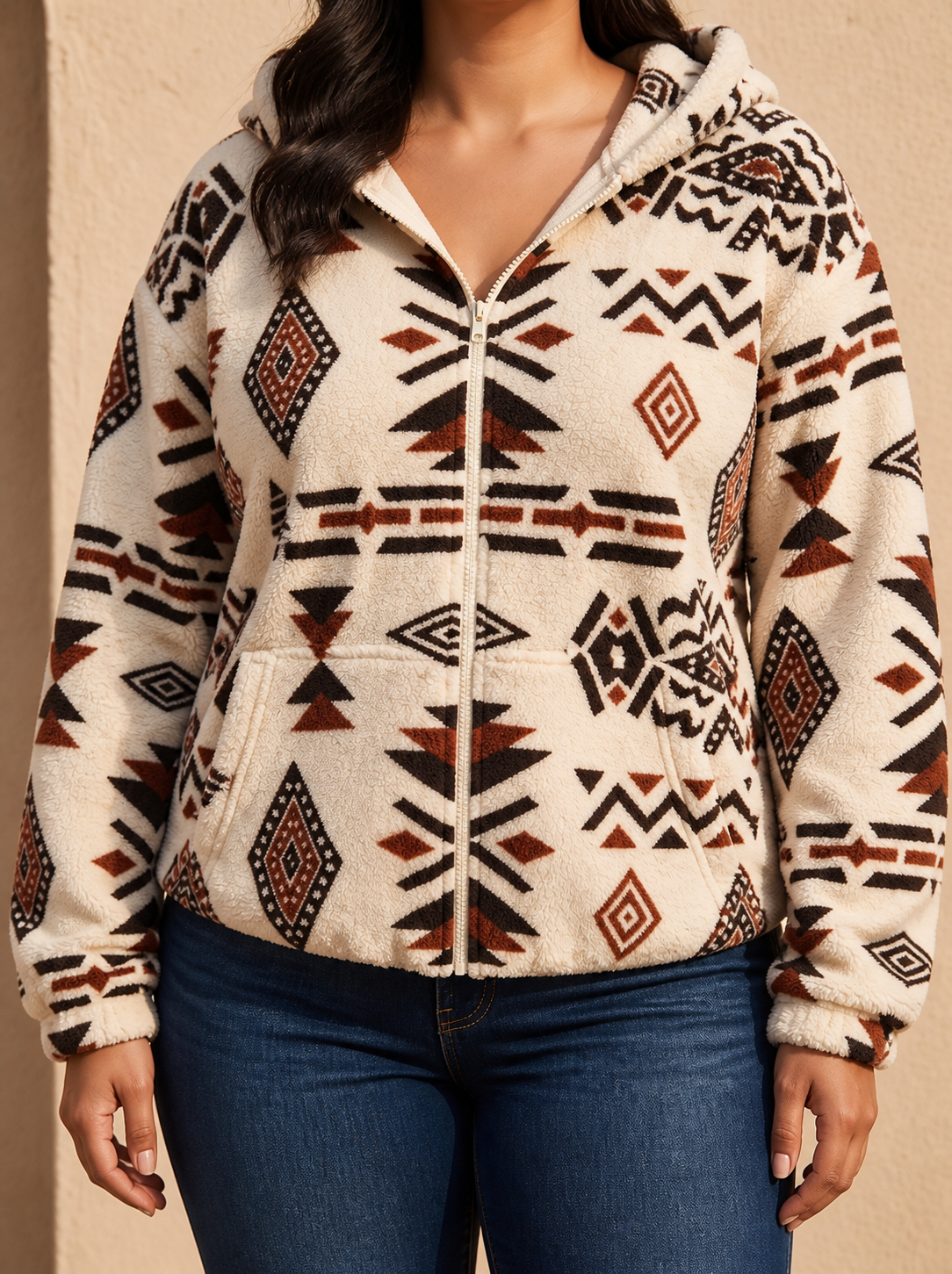 Everly™ | Aztec Plush Hoodie - Plus size model