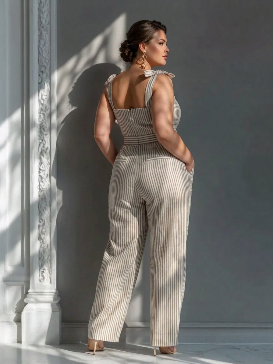 Christina - Beige Stripe Linen-Blend Tie-Shoulder Jumpsuit - Plus size model