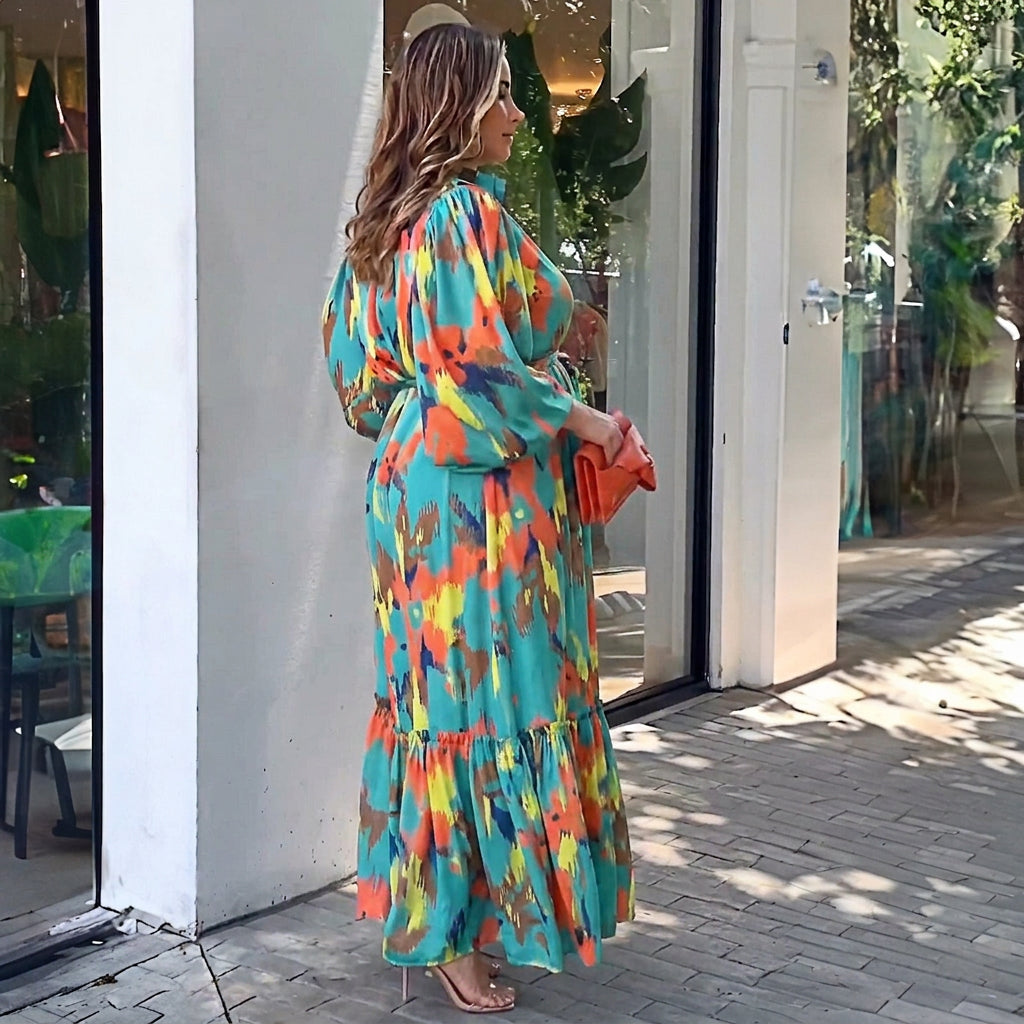 Evelyn Printing Lapel Maxi Dress: Elegant Vintage Flow - Plus size model