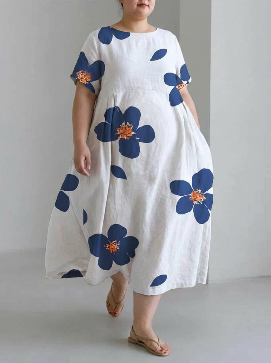 Women's spring and summer casual loose round neck floral skirt dress - Plus size model