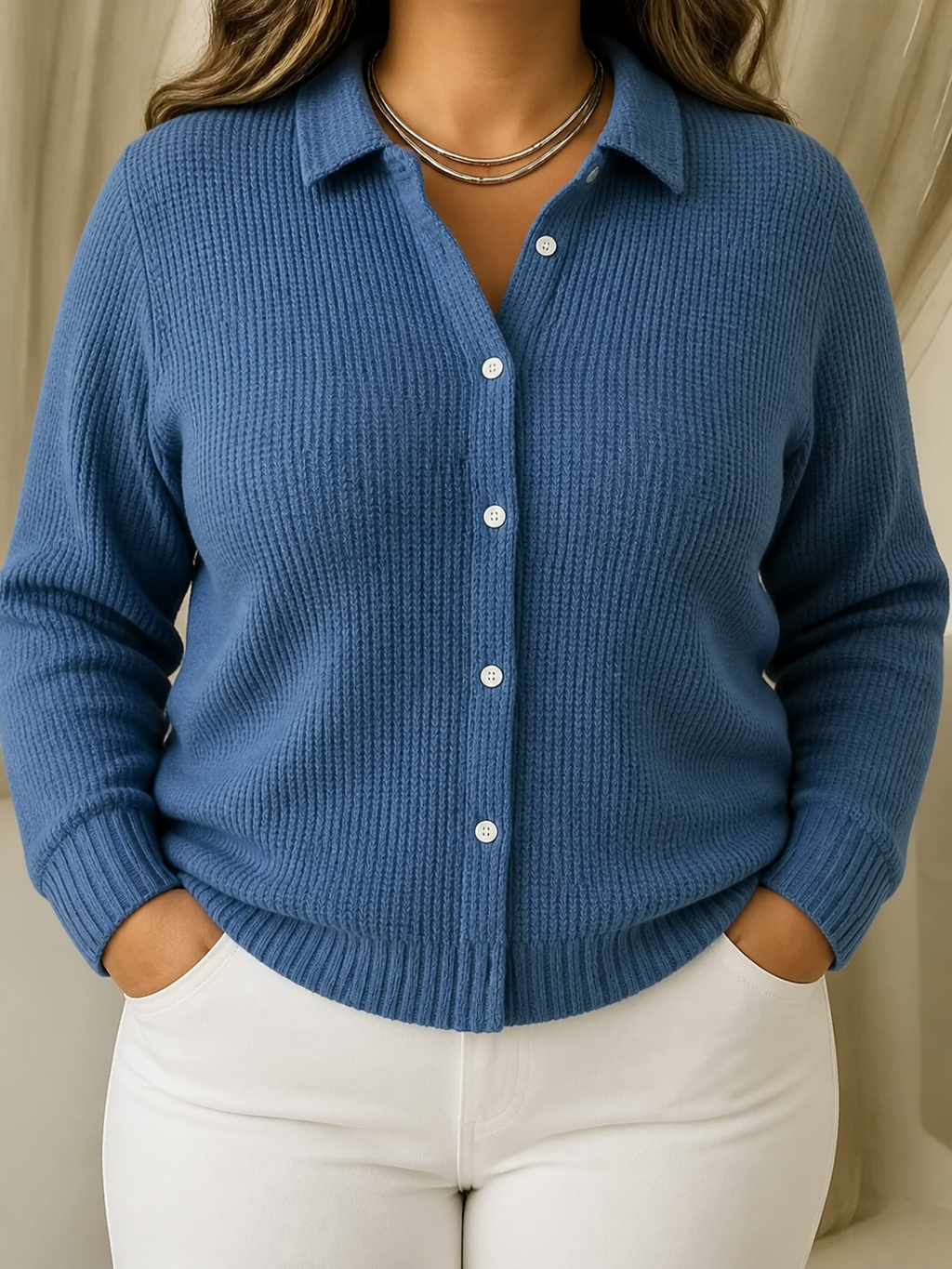 Camille | Textured Knit Button-Up Cardigan - Plus size model