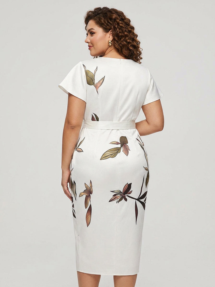Judy | White Leaf Short Sleeve Satin Midi Dress - Plus size model