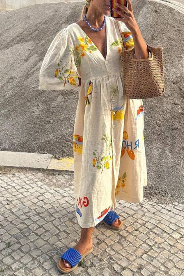 Haley - Printed Linen Midi Dress