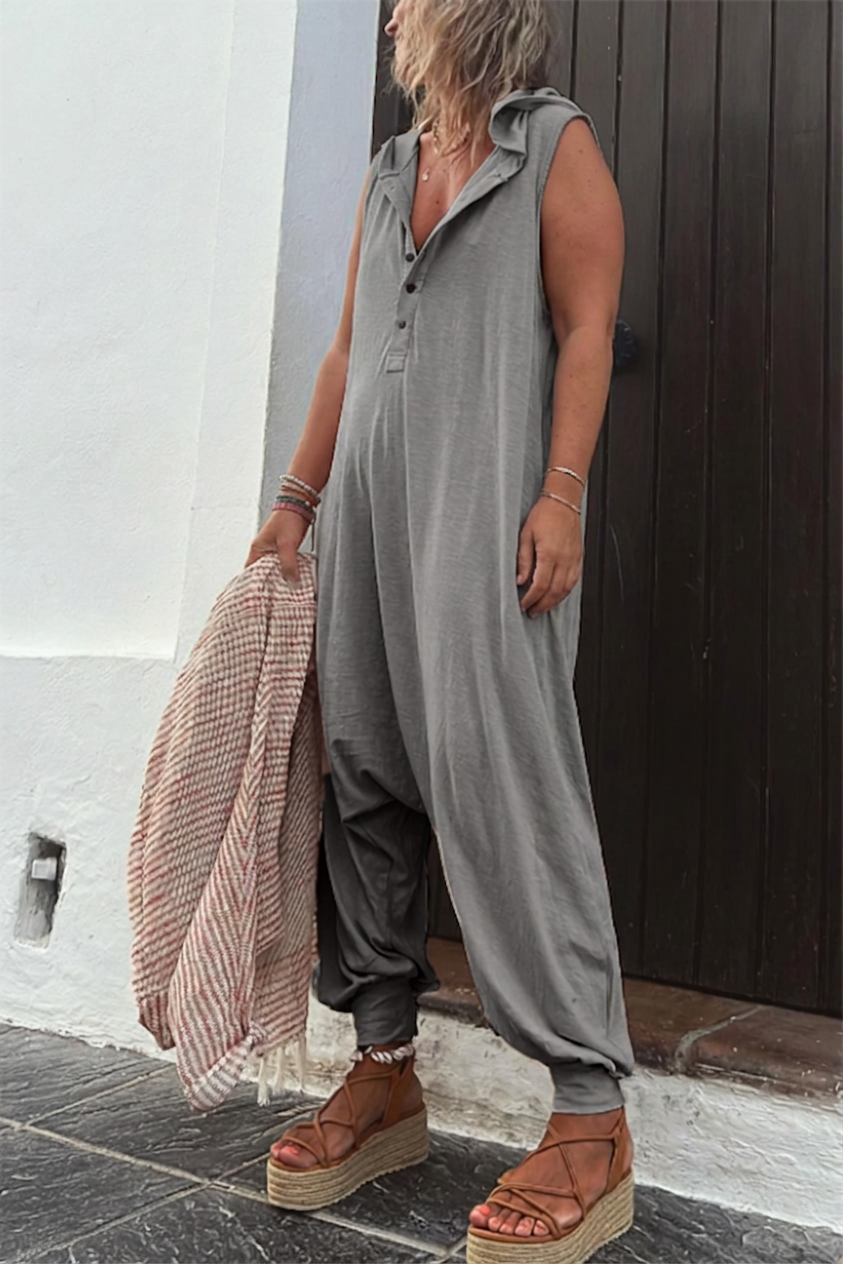 Kendall - Ryker Pocketed Half Button Hooded Jumpsuit - Plus size model